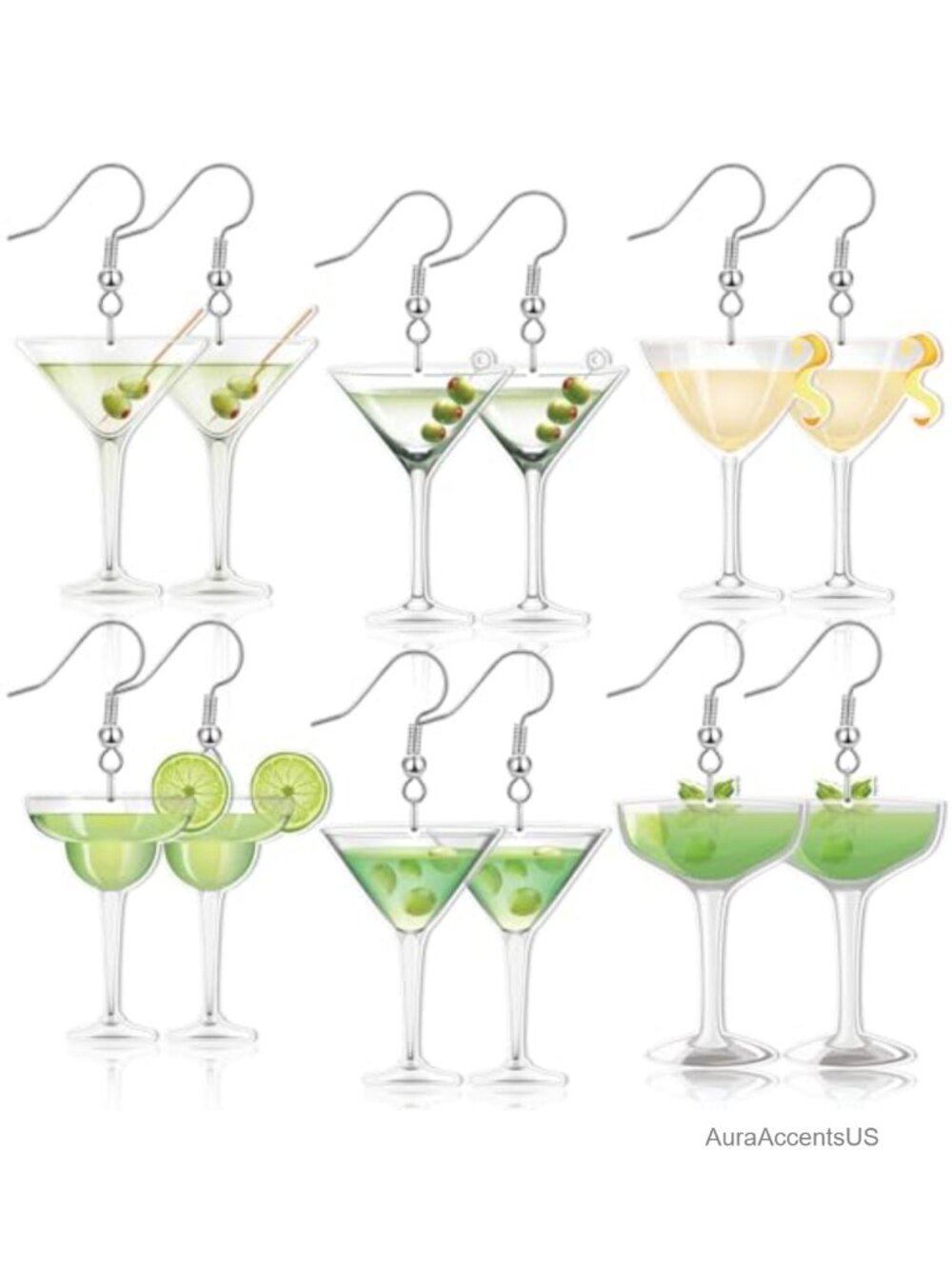 6 Pairs Acrylic Dangle Earrings Funny Martini Cocktail Party Jewelry